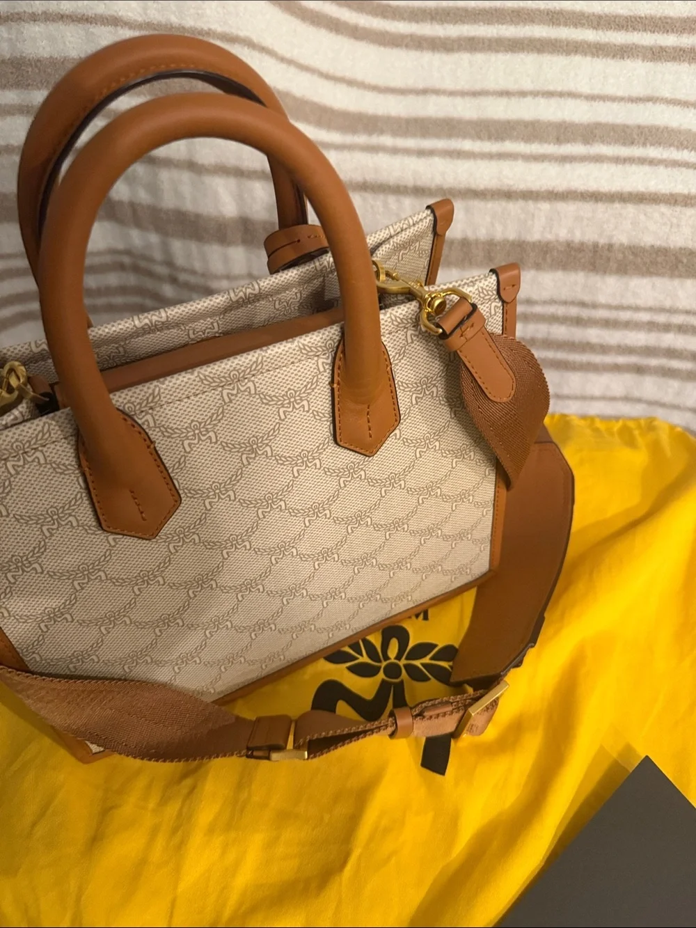 MCM Beige Canvas Satchel with Tan Leather Trim